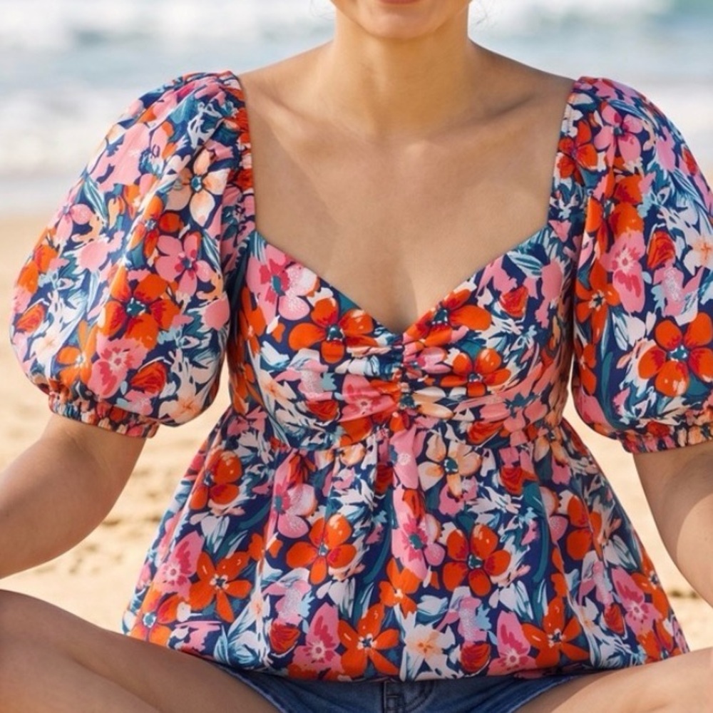 Floral Puff-Sleeve Top - Pink & Navy